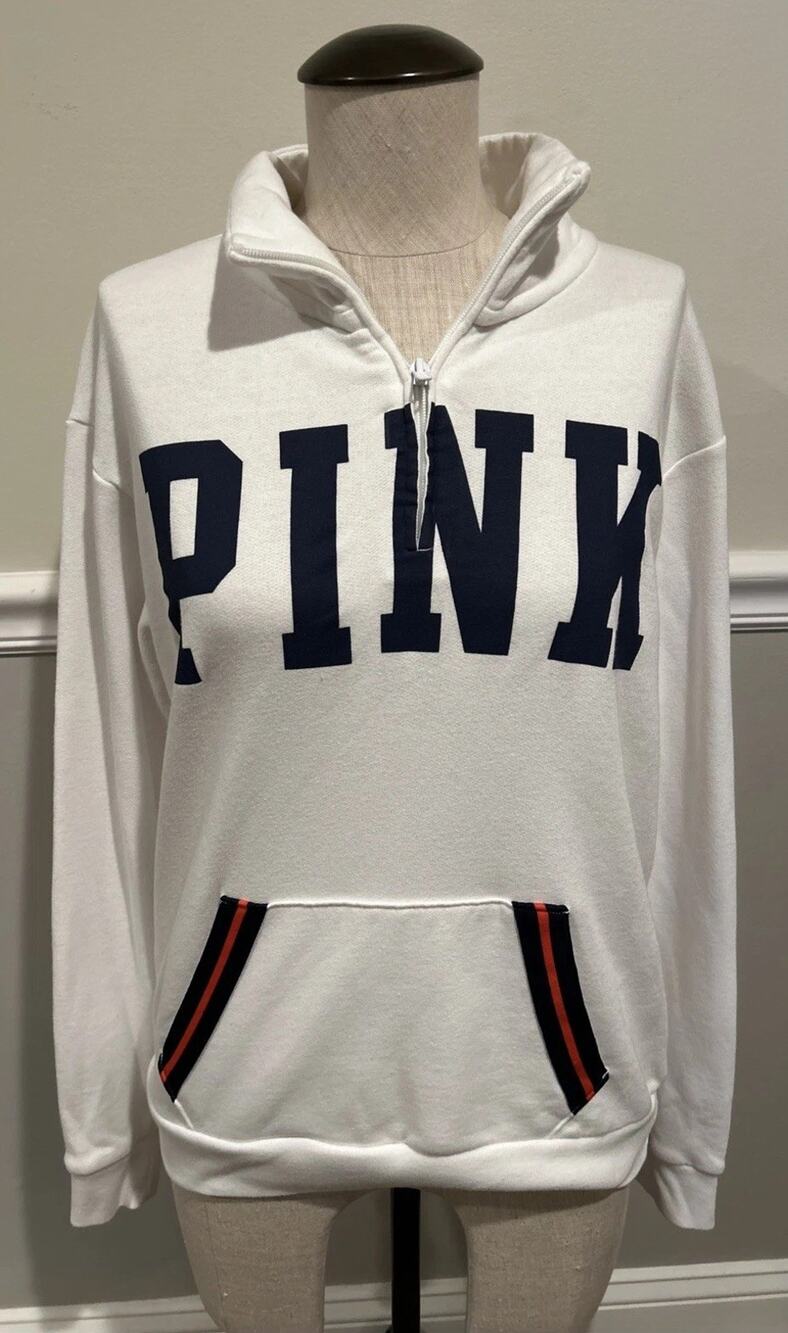 Victoria's Secret PINK Sweatshirt Women Size XS White Big Logo 1/4 Zip Pullover